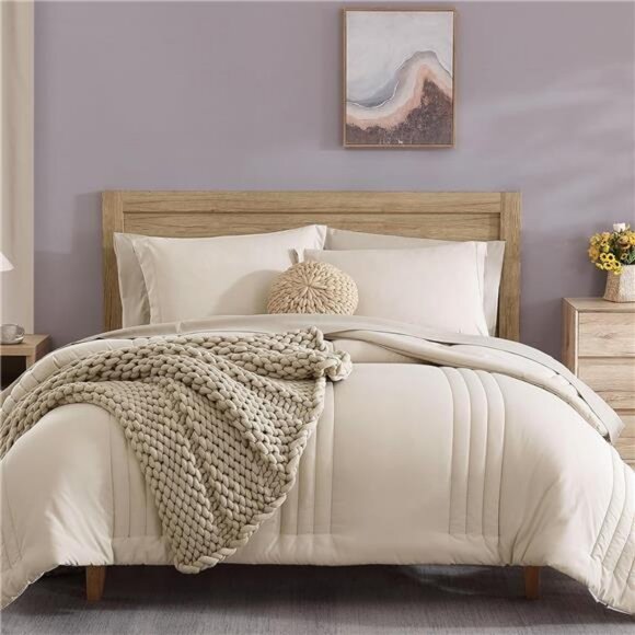 Queen Comforter Set - 7 Pieces Apricot Beige Bed in a Bag Queen Bedding - Picture 1 of 7
